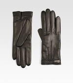 Warm, fancy fingers in supple leather with cashmere lining and a few stylish details.About 9.25 longPerforated trimDarted detailsLogo plateCashmere linedLeatherDry cleanMade in Italy 