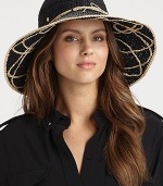 A high contrast, crocheted style with natural appeal and looped design under brim. RaffiaTie detailSateen elastic inner bandBrim, about 4¾Imported 