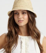 A crocheted raffia design with whip stitch details. RaffiaBrim, about 2Rubber inner bandSpot cleanImported 