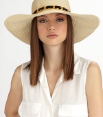 This glamorous straw design is accented by a goldtone chain laced with black chiffon.Chiffon and chain bandBrim, about 5Paper braidSpot cleanImported
