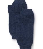 Cozy fingerless mittens in a rich wool, ribbed at fingers and wrist.