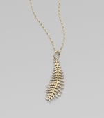 A graceful golden feather, so delicately rendered you can almost feel its softness, dazzles with diamonds as it hangs from a gold chain.Diamonds, .26 tcw14k yellow goldChain length, about 18Pendant length, about 1½Spring ring claspMade in USA