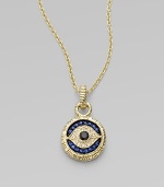 Textured links of 18K yellow gold hold a protective evil eye, radiantly formed of white, blue and black sapphires.Sapphires14K yellow goldChain length, about 17Pendant diameter, about ¾Lobster claspImported