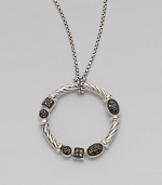 From the Confetti Collection. A sterling silver cabled wreath, hanging from a pretty box chain, is dotted with black pavé diamonds in sparkling geometric shapes. Diamonds, 0.14 tcw Sterling silver and rhodium plating Chain length, about 16 Pendant diameter, about 1 Lobster clasp Imported
