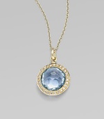 From the Lollipop Collection. A beautifully colored faceted blue topaz, framed in diamonds, hangs from a graceful 18k gold chain. Blue topaz Diamonds, 0.14 tcw 18k yellow gold Chain length, about 16 with 2 extender Pendant diameter, about ½ Spring ring clasp Imported