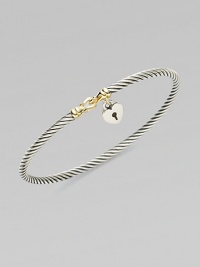 From the Cable Collectibles Collection. A thin sterling silver cable band with an 18K gold buckle and precious heart lock charm.18K gold Sterling silver Width, about 3mm Hook closure Imported From the Cable Collectibles Collection. A thin sterling silver cable band with an 18K gold buckle and precious heart lock charm.18K gold Sterling silver Width, about 3mm Hook closure Imported