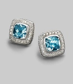 From the Petite Albion Collection. A shimmering center of faceted blue topaz, surrounded by pavé diamonds set in sterling silver. Diamonds, 0.40 tcw Blue topaz Sterling silver About ½ square Post back Made in USA