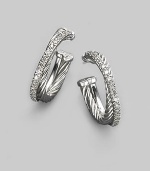From the Silver Ice Crossover Collection. An arc of sterling silver crisscrosses one of pavé diamonds set in 14k white gold in graceful half hoops. Diamonds, 0.51 tcw Sterling silver and 14k white gold Diameter, about ¾ Post back Imported