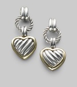 From the Heart Collection. A cabled sterling silver heart drop, edged in 18k gold, boldly hangs from a cabled silver ring. Sterling silver and 18k yellow gold Drop, about 1 Post back Made in USA