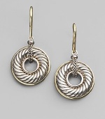 Ornately textured donuts of sterling silver are sparked with accents of 18k yellow gold. Sterling silver and 18k yellow gold Drop, about ½ Ear wire Made in USA