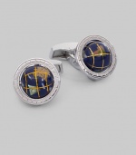 A sophisticated design for the world traveler in sterling silver with inlaid semi-precious stones that create the look of a globe. T-backing About ½ diam. Imported 
