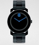 A modern, minimalist design with superior technology and functionality, complemented by a solid dial with electric blue contrast hands and a polymer link bracelet for an understated, handsome finish.Round bezelQuartz movementWater resistant to 3ATMStainless steel case: 42mm(1.65)Polymer strapImported