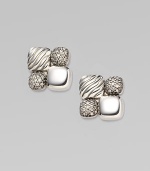 From the Chiclet Collection. Four squares of pavé diamonds, smooth sterling silver and cabled sterling silver are pieced together to make a stunning mosaic square. Diamonds, 0.26 tcw Sterling silver and black rhodium plated Length, about ½ Width, about ½ Post back Made in USA 