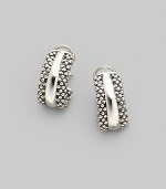From the Caviar Basic Collection. J-shaped hoops of sterling silver in a granular design that recalls the delicacy for which it's named, with a smooth band down the center. Sterling silver Length, about ¾ Width, about ½ 14k gold post Post-and-hinge back Imported