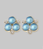 The lovely iridescence of cabochon moonstones, clustered amid diamond accents, gives these delicate earrings the feeling of being lit from within. Diamonds, 0.18 tcw Moonstone 18k yellow gold Length, about ½ Post back Made in Italy