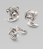 A clever addition to any gentleman's wardrobe in sterling silver, depicting the ancient axiom to see no evil, hear no evil, speak no evil. Set includes one of each Sterling silver About ½ diam. Imported 