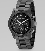 Black polished ceramic chronograph with black glossy dial. Water-resistant to 5 ATM Round case, 38mm, 1.5 Three sub dials Number and stick markers Date display Second hand Single deployant buckle Imported