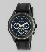 In black IP and stainless steel with a black rubber strap, this bold timepiece mixes sporty and stylish with ease.Quartz movementWater resistant to 10 ATMRound black IP and stainless steel case, 45mm (1.8)Smooth black IP bezelBlack dialThree chronograph sub-dialsBar markersSecond handBlack rubber strapImported