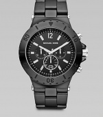 Silicone and stainless steel with three-eye chronograph functionality in a modern, shiny finish.Round bezelAnalog movementThree-eye chronograph functionalityWater resistant to 5 ATMDate function at 6 o'clockSecond handStainless steel case: 48mm (2)Silicone braceletImported