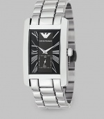 A solid stainless bracelet band offsets a black dial on this signature timepiece. Quartz movement Rectangular case Roman numeral markers Sub dial with second hand Imported