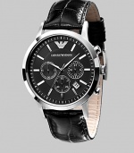 A classic timepiece fit for a lifetime of wear in solid stainless steel with chronograph functionality and a croco-embossed leather strap. Quartz movement Water-resistant to 5ATM /50m Stainless steel case, 43mm, 1.69 Leather strap, 22mm wide, .87 Sapphire crystal Black dial Hour markers Date display Imported 