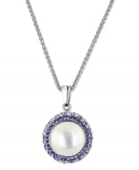 A contemporary classic. This sterling silver necklace features a cultured freshwater pearl (10-11 mm) pendant surrounded by tanzanite colored crystal (3/4 ct. t.w.), amethyst colored crystal (1/2 ct. t.w.) and crystal (5/8 ct. t.w.) for a stunning effect. Approximate length: 18 inches. Approximate drop length: 1 inch. A contemporary classic. This sterling silver necklace features a cultured freshwater pearl (10-11 mm) pendant surrounded by tanzanite colored crystal (3/4 ct. t.w.), amethyst colored crystal (1/2 ct. t.w.) and crystal (5/8 ct. t.w.) for a stunning effect. Approximate length: 18 inches. Approximate drop length: 1 inch.
