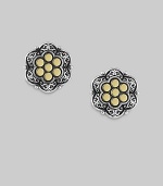 An elegant flower-shaped design combining a frame of sterling silver and a center of 18k gold dots.Sterling silver and 18k yellow gold Diameter, about ¾ T back Made in USA