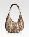 Beautifully, pleated python-embossed leather in a round, crescent shape with a plaited leather strap and details.Shoulder strap, 10 dropTop zip closureLogo engraved hang-tabOne inside zip pocketTwo inside open pocketsSatin lining15½W X 10H X 2DImported