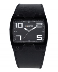 Masculine, modern and made for you. Watch by Unlisted crafted of black leather strap and rectangular gunmetal ion-plated mixed metal case with lugs at four corners. Black dial features large numerals at two, five, seven and ten o'clock, minute track, three hands and logo. Quartz movement. Splash resistant. Two-year limited warranty. Masculine, modern and made for you. Watch by Unlisted crafted of black leather strap and rectangular gunmetal ion-plated mixed metal case with lugs at four corners. Black dial features large numerals at two, five, seven and ten o'clock, minute track, three hands and logo. Quartz movement. Splash resistant. Two-year limited warranty.