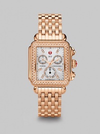 From the Deco Collection. A warm rose goldtone design with brilliant diamond accents and a chronograph dial. Swiss quartz movementWater resistant to 5 ATMRectangular rose goldtone stainless steel case, 33mm (1.3) X 35mm (1.4)Diamond bezel and markers, .66 tcwMother-of-pearl chronograph dialDate display at 6 o'clockSecond hand Rose goldtone stainless steel link bracelet, 18mm wide (0.7)Imported From the Deco Collection. A warm rose goldtone design with brilliant diamond accents and a chronograph dial. Swiss quartz movementWater resistant to 5 ATMRectangular rose goldtone stainless steel case, 33mm (1.3) X 35mm (1.4)Diamond bezel and markers, .66 tcwMother-of-pearl chronograph dialDate display at 6 o'clockSecond hand Rose goldtone stainless steel link bracelet, 18mm wide (0.7)Imported