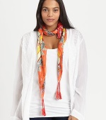 A tranquil print with braided, tassel details.Silk42 X 42Dry cleanImported