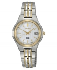 Energy-efficient elegance, by Seiko. Stainless steel bracelet with gold-tone accents and round case with gold-tone bezel. White patterned dial features gold-tone hands, applied stick indices at markers, minute track, date window at three o'clock and logo at twelve o'clock. Solar-powered quartz movement. Water resistant to 100 meters. Three-year limited warranty. Energy-efficient elegance, by Seiko. Stainless steel bracelet with gold-tone accents and round case with gold-tone bezel. White patterned dial features gold-tone hands, applied stick indices at markers, minute track, date window at three o'clock and logo at twelve o'clock. Solar-powered quartz movement. Water resistant to 100 meters. Three-year limited warranty.
