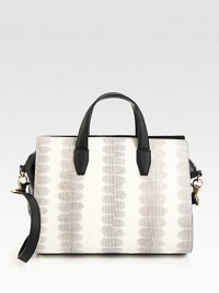 An unique style in luxurious patent snakeskin accented with supple leather.Double leather top handles, 3½ dropDetachable leather shoulder strap, 18½ dropTop zip closureOne inside zip pocketTwo inside open pocketsFully lined13W X 9½H X 7DImported An unique style in luxurious patent snakeskin accented with supple leather.Double leather top handles, 3½ dropDetachable leather shoulder strap, 18½ dropTop zip closureOne inside zip pocketTwo inside open pocketsFully lined13W X 9½H X 7DImported