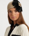 This wool-blend knit topper with large feather design is reminiscent of old Hollywood style.Pull-on style with concealed elastic band80% wool/20% polyesterDo not washImported