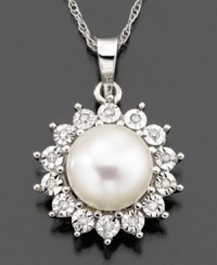 An explosion of beauty. This stunning necklace features cultured freshwater pearl (8-8/5 mm) and round-cut diamond accents set in 14k white gold. Approximate length: 18 inches. Approximate drop: 3/4 inch. An explosion of beauty. This stunning necklace features cultured freshwater pearl (8-8/5 mm) and round-cut diamond accents set in 14k white gold. Approximate length: 18 inches. Approximate drop: 3/4 inch.