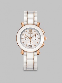 From the Fendi Ceramic Chronograph Collection. This technical timepiece showcases a beautiful ceramic bezel and bracelet with warm rose goldtone accents. From the Fendi Ceramic Chronograph Collection. This technical timepiece showcases a beautiful ceramic bezel and bracelet with warm rose goldtone accents.