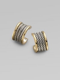 From the Wheaton Collection. Arcs of twisted sterling silver cable, elegantly edged by bands of 18k gold. Sterling silver and 18k yellow gold Diameter, about ½ Post back Made in USA
