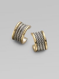 From the Wheaton Collection. Arcs of twisted sterling silver cable, elegantly edged by bands of 18k gold. Sterling silver and 18k yellow gold Diameter, about ½ Post back Made in USA From the Wheaton Collection. Arcs of twisted sterling silver cable, elegantly edged by bands of 18k gold. Sterling silver and 18k yellow gold Diameter, about ½ Post back Made in USA