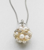 From the Pearl Collection. This elegant style features a bubble of luminous pearls accented with dazzling diamonds and wrapped in sterling silver and 18k gold on a sterling silver box chain. 3.5mm-7mm white round freshwater pearlsDiamonds, .12 tcw18k goldSterling silverLength, about 32Pendant size, about 1.25Lobster clasp closureImported 