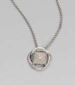 From the Infinity Collection. Gracefully intertwining bands of sterling silver, one cabled, one smooth, surround a center of radiant pavé diamonds that suspends from a silver box chain. Diamonds, 0.18 tcw Sterling silver Chain length, about 17 Pendant diameter, about ½ Lobster clasp Imported