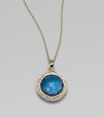 From the Lollipop Collection. Color surrounded by shimmer, from a faceted blue topaz, framed in diamonds, hanging on a graceful chain. Blue topaz Diamonds, 0.14 tcw 18k yellow gold Chain length, about 16 with 2 extender Pendant diameter, about ½ Lobster clasp Imported