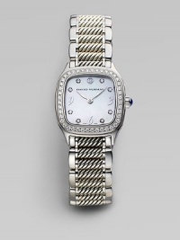 Distinctively textured links with smooth edges are thoroughly modern and thoroughly elegant in a bracelet watch of stainless steel and sterling silver with a shimmering diamond bezel. Swiss quartz movement Rounded square case, 25mm Diamond-set bezel White mother-of-pearl dial Eight diamond hour markers Scratch-resistant sapphire crystalStainless steel and sterling silver cable link bracelet, 16mm Diamonds, 0.54 tcw Water-resistant to three ATM Imported Distinctively textured links with smooth edges are thoroughly modern and thoroughly elegant in a bracelet watch of stainless steel and sterling silver with a shimmering diamond bezel. Swiss quartz movement Rounded square case, 25mm Diamond-set bezel White mother-of-pearl dial Eight diamond hour markers Scratch-resistant sapphire crystalStainless steel and sterling silver cable link bracelet, 16mm Diamonds, 0.54 tcw Water-resistant to three ATM Imported