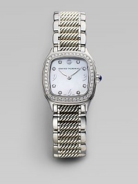 Distinctively textured links with smooth edges are thoroughly modern and thoroughly elegant in a bracelet watch of stainless steel and sterling silver with a shimmering diamond bezel. Swiss quartz movement Rounded square case, 25mm Diamond-set bezel White mother-of-pearl dial Eight diamond hour markers Scratch-resistant sapphire crystalStainless steel and sterling silver cable link bracelet, 16mm Diamonds, 0.54 tcw Water-resistant to three ATM Imported