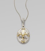 This intricate design of sterling silver features an 18k gold cross, with a luminous white pearl at the center, punctuated by sparkling diamonds.Diamond, 0.052 tcw White pearl 18k gold Sterling silver Pendant length, about 1¼ Chain length, about 16 Lobster clasp Imported