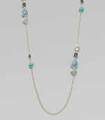 From the Rock Candy Collection. Teardrops, ovals and circles in rich shades of blue are set in gleaming gold and spaced on a long, delicate gold chain.Clear quartz, London blue topaz, amazonite and aquamarine18k yellow goldLength, about 37Lobster claspImported