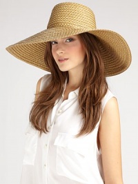 Stand out in this chic, woven sun hat that is lightweight, flexible and great for travel. PackableMetal logo rivet on backBrim, about 7Polypropylene/rayon/polyesterSpot cleanImported Stand out in this chic, woven sun hat that is lightweight, flexible and great for travel. PackableMetal logo rivet on backBrim, about 7Polypropylene/rayon/polyesterSpot cleanImported
