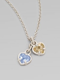 Two sweet faceted hearts, one of blue quartz, the other of canary crystal, are set in textured sterling silver and linked together on a sterling chain. Blue quartz and canary crystal Sterling silver Chain length, about 17 Pendant width, about ½ each Lobster clasp Imported Please note: Stone color may vary. Two sweet faceted hearts, one of blue quartz, the other of canary crystal, are set in textured sterling silver and linked together on a sterling chain. Blue quartz and canary crystal Sterling silver Chain length, about 17 Pendant width, about ½ each Lobster clasp Imported Please note: Stone color may vary.