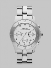 This sleek chronograph boasts crystal markers and a signature bezel. Quartz movementWater resistant to 5 ATMStainless steel case, 40mm (1.6)Logo etched bezelSilvertone chronograph dialCrystal markersDate function between 4 & 5 o'clockSecond hand Stainless steel link braceletImported This sleek chronograph boasts crystal markers and a signature bezel. Quartz movementWater resistant to 5 ATMStainless steel case, 40mm (1.6)Logo etched bezelSilvertone chronograph dialCrystal markersDate function between 4 & 5 o'clockSecond hand Stainless steel link braceletImported