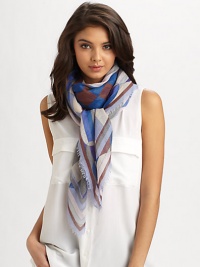 Luxurious cashmere and silk in a graphic print in a myriad of colors. 70% cashmere/30% silkAbout 54 X 54Dry cleanMade in Italy Luxurious cashmere and silk in a graphic print in a myriad of colors. 70% cashmere/30% silkAbout 54 X 54Dry cleanMade in Italy