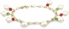 White Freshwater Pearl Drops with Red and Green Swarovski Elements on Gold Tone Chain Bracelet, 7.5